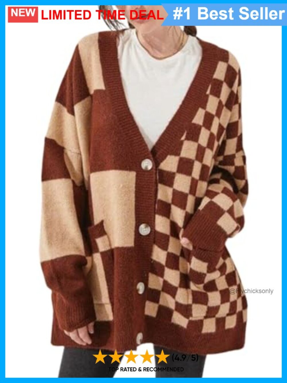 Slouchy Checkered Button Down V Neck Cardigan Sweater Oversized Knit Outwear
